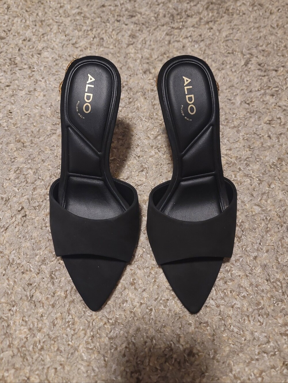 Aldo Seashella Slip On Stiletto Heels Mule Sandals Black Suede Gold Snake 6 - Picture 8 of 13